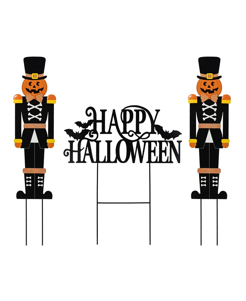 Glitzhome Metal Nutcracker and Happy Halloween Yard Stakes, Set of 3