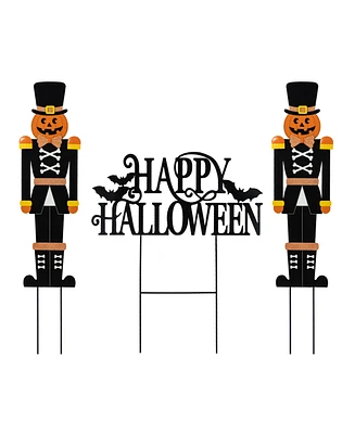 Glitzhome Metal Nutcracker and Happy Halloween Yard Stakes, Set of 3