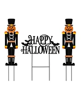 Glitzhome Metal Nutcracker and Happy Halloween Yard Stakes, Set of 3