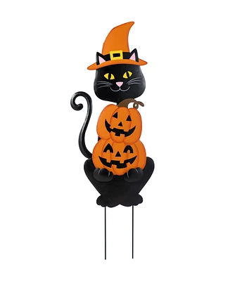 Glitzhome 36" Halloween Metal Black Cat with Spring Head and Stacked Pumpkin Yard Stake