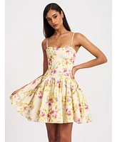 Miss Circle Women's Valda Yellow and Pink Print Linen Mini Dress with Pockets