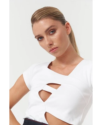 Jendue Women's Assymetric Cut Out Tshirt Optic White