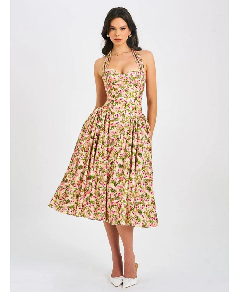 Miss Circle Women Niya Floral Print Linen Halter Corset Maxi Dress