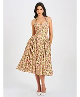 Miss Circle Women Niya Floral Print Linen Halter Corset Maxi Dress