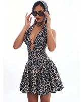 Miss Circle Women's Mackenzie Cheetah Print Halter Linen Mini Dress