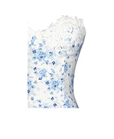 Miss Circle Women's Taleah Blue Floral Print Linen Mini Dress with Lace Trim
