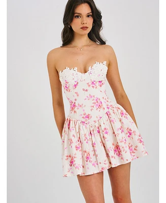 Miss Circle Women's Samara Floral Drop Waist Linen Corset Puffy Mini Dress