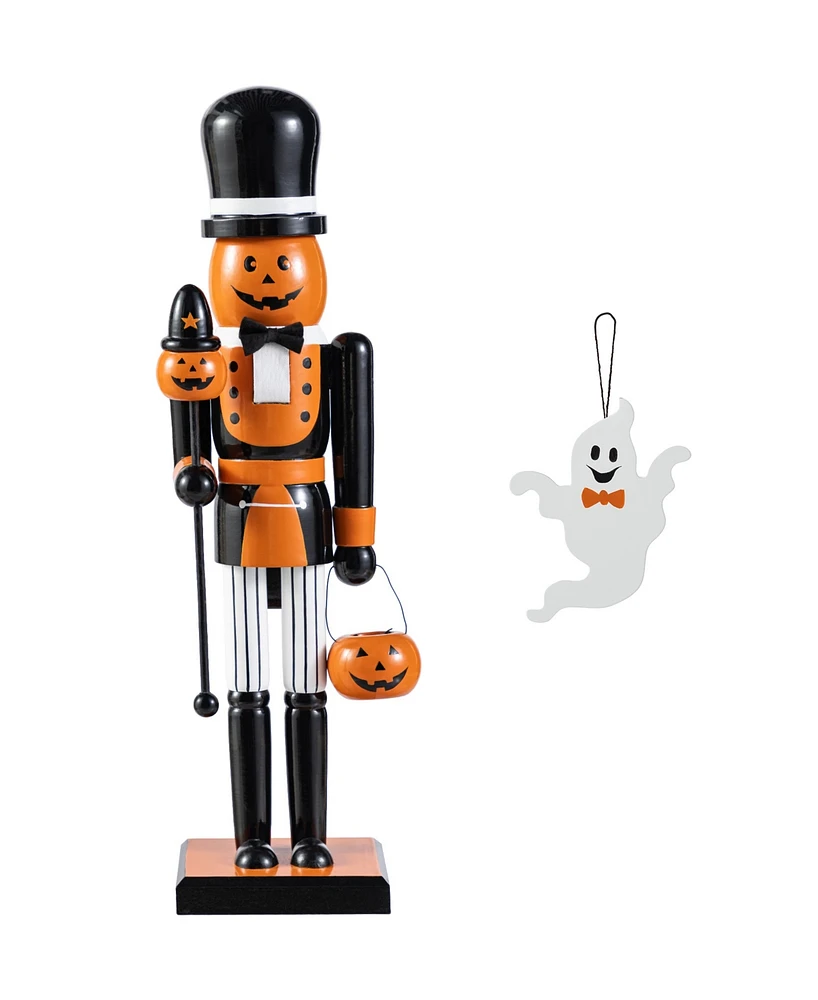 Glitzhome Halloween Wooden Pumpkin Nutcracker with Ghost Ornament, Set of 2