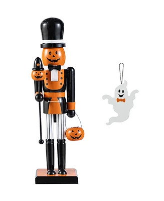 Glitzhome Halloween Wooden Pumpkin Nutcracker with Ghost Ornament, Set of 2