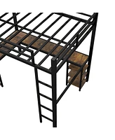 Full Metal Loft Bed with Desk and Shelves, Loft Bed with Ladder and Guardrails, Loft Bed Frame for Bedroom
