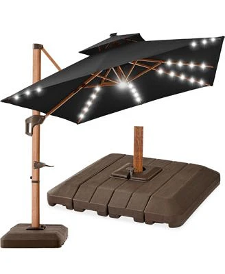 Best Choice Products 10ft Square Woodgrain Pattern 2-Tier Outdoor Solar Led Cantilever Umbrella w/ Base