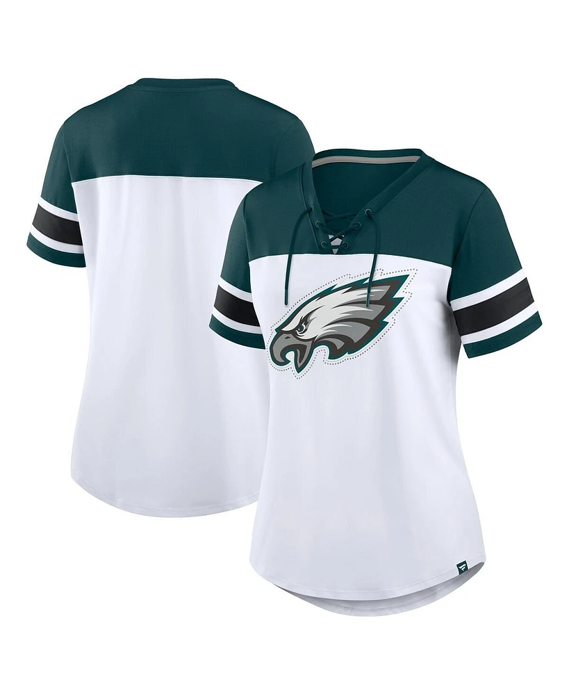 Fanatics Women's White/Midnight Green Philadelphia Eagles Athena Rhinestone Lace-Up V-Neck T-Shirt