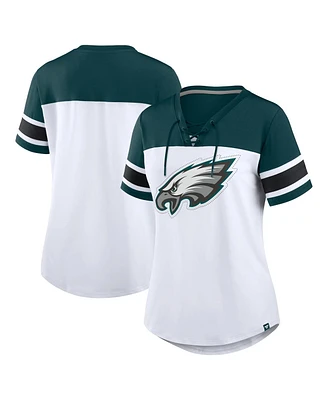 Fanatics Women's White/Midnight Green Philadelphia Eagles Athena Rhinestone Lace-Up V-Neck T-Shirt