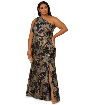 Adrianna Papell Plus Metallic Jacquard One-Shoulder Long Dress