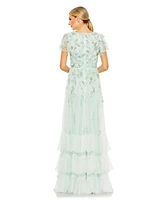 Mac Duggal Women's Ruffle Tiered Embellished Faux Wrap Flutter Sleeve