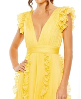 Mac Duggal Women's Pleated Chiffon V Neck Ruffle Midi Dress
