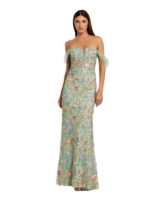 Mac Duggal Women's Off The Shoulder Bustier Emboridered Net Gown