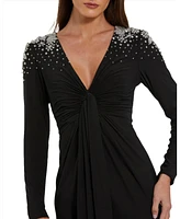 Mac Duggal Women's Jersey V Neck Faux Knot Gown With Beaded Shoulders