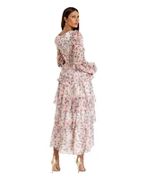 Mac Duggal Women's Elegant Puff Sleeve Floral Midi Dress with A-Line Silhouette and Side Pockets