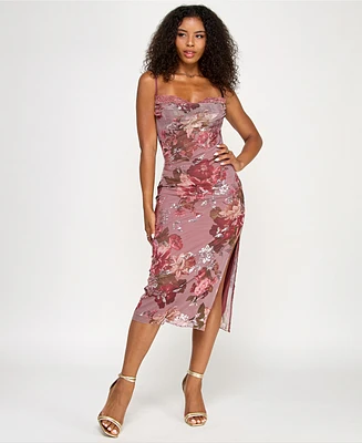 Katia Rae Juniors' Floral Sequined Lace-Trim Midi Dress