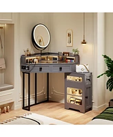 Vlsrka Farmhouse-style dressing table with mirror and lights, featuring a glass top.