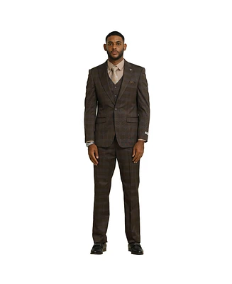 Stacy Adams Big & Tall Glen Plaid 3-Piece Jacket With Solid Vest And Pants Suit Peak Lapel