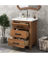 Casainc 24" Freestanding Vanity with Ceramic Sink, Cabinet with 3 Drawers