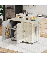 Casainc 51.2" Solid Wood Kitchen Island with Drop Leaf, Handwoven Finish, Storage and Wheels