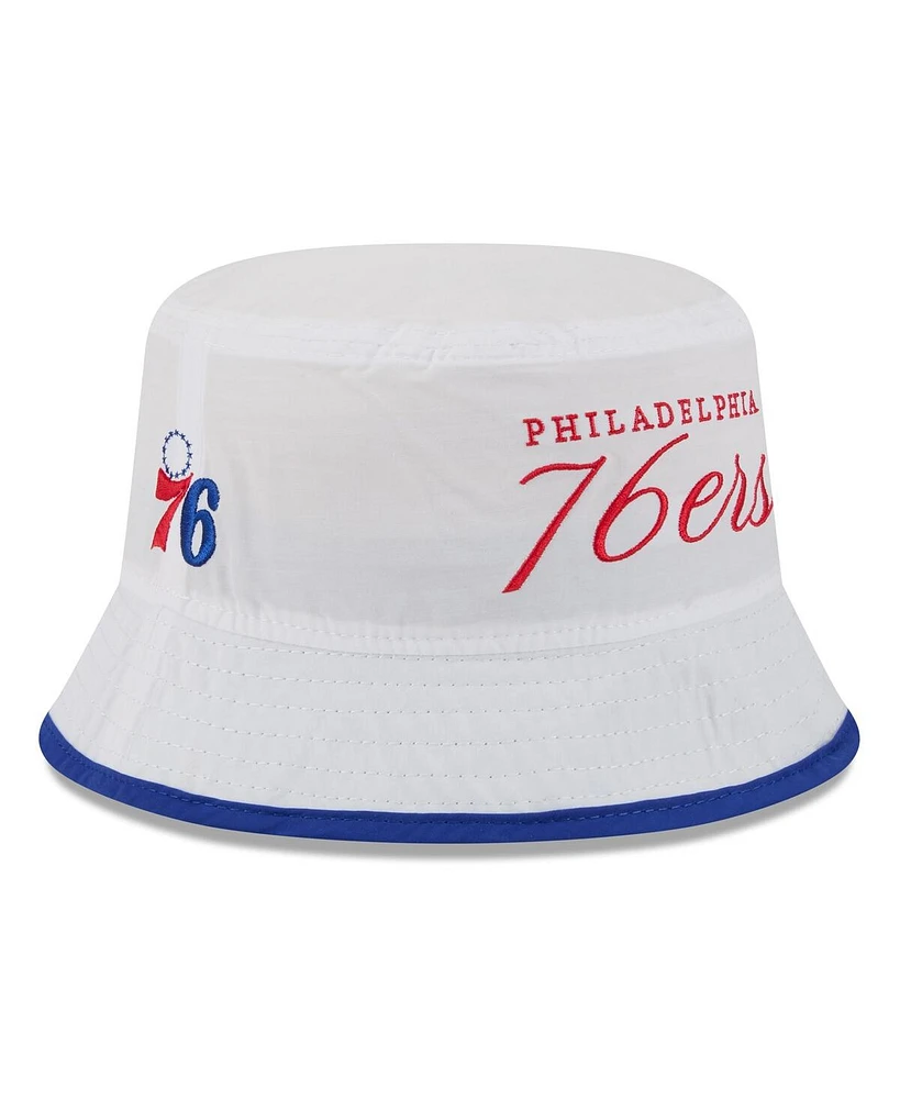 New Era Men's White/Royal Philadelphia 76ers 2025 Nba Draft Nylon Bucket Hat