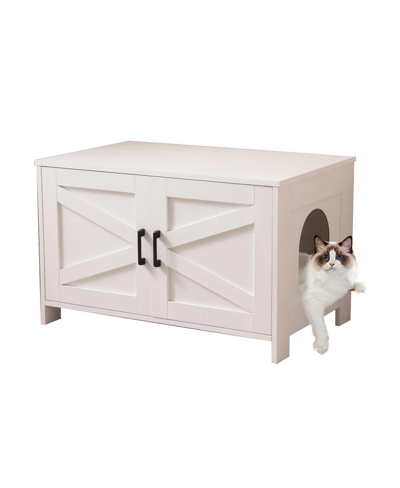 Cat Litter Box Enclosure with Barn Door - White