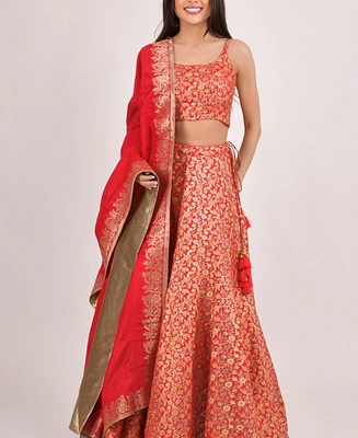 Raas Women's Red Banarasi Jacquard Lehenga Choli