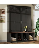 Streamdale Furniture Farmhouse Hall Tree Bench with Hidden Hooks & Shoe Cabinet