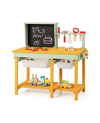 Mecale Kids Wooden Toy Workbench with Storage Space and Blackboard