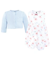 Hudson Baby Toddler Girls Cotton Dress and Cardigan Set, Pink Blue Flower