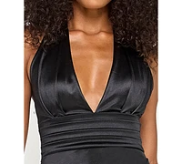 Katia Rae Juniors' Sateen Deep-v Halter Midi Dress