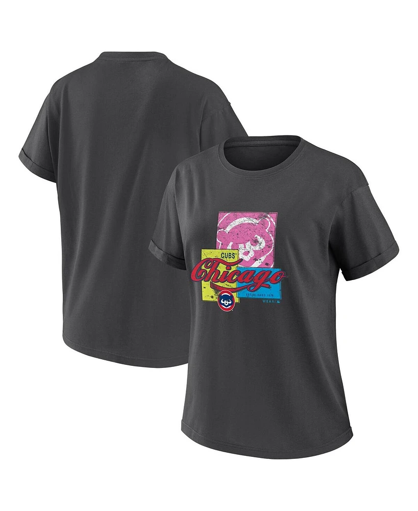 Wear by Erin Andrews Women's Charcoal Chicago Cubs Domestic Box Color Boyfriend T-Shirt