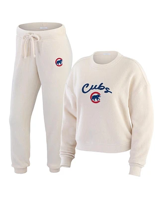 Wear by Erin Andrews Women's 2-Piece Oatmeal Chicago Cubs Plus Rib-Knit Long Sleeve T-Shirt and Pants Lounge Set