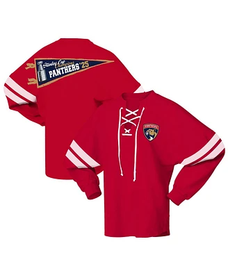 Fanatics Men's and Women's Red Florida Panthers 2025 Stanley Cup Champions Lace-Up Long Sleeve Jersey T-Shirt