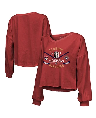 Majestic Women's Red Florida Panthers 2025 Stanley Cup Champions Off Shoulder Long Sleeve V-Neck T-Shirt