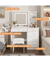 Homsee White Wood Makeup Vanity Set Dressing Desk with Glass Top
