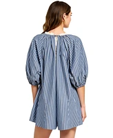 Modenaire Women's Striped V-Neck Front Tie 3/4 Sleeve Romper