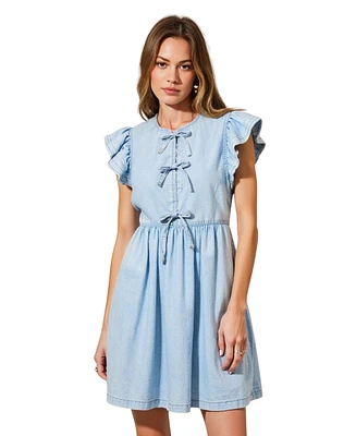Modenaire Women's Sleeveless Ruffle Bow-Tie Front Drawstring Mini Dress