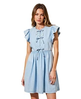 Modenaire Women's Sleeveless Ruffle Bow-Tie Front Drawstring Mini Dress