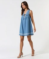 Modenaire Women's Sleeveless Embroidered Trim Tie Front Mini Dress