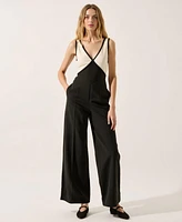 Modenaire Women's Sleeveless Two-Tone Deep V-Neck Wide Leg Jumpsuit