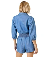 Modenaire Women's Zip Front Smocked Waist 3/4 Sleeve Romper
