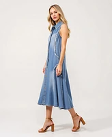 Modenaire Women's Sleeveless Frayed Seams Button Front Midi Dress