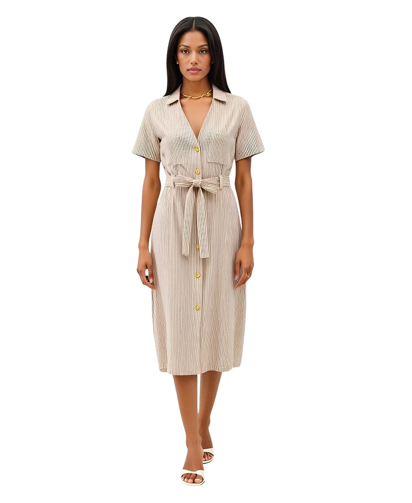 Modenaire Women's Striped Collared Waist Tie Button-Down Midi Dress