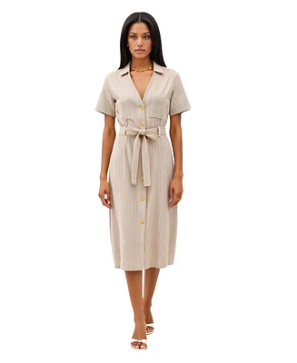 Modenaire Women's Striped Collared Waist Tie Button-Down Midi Dress