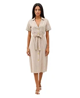 Modenaire Women's Striped Collared Waist Tie Button-Down Midi Dress